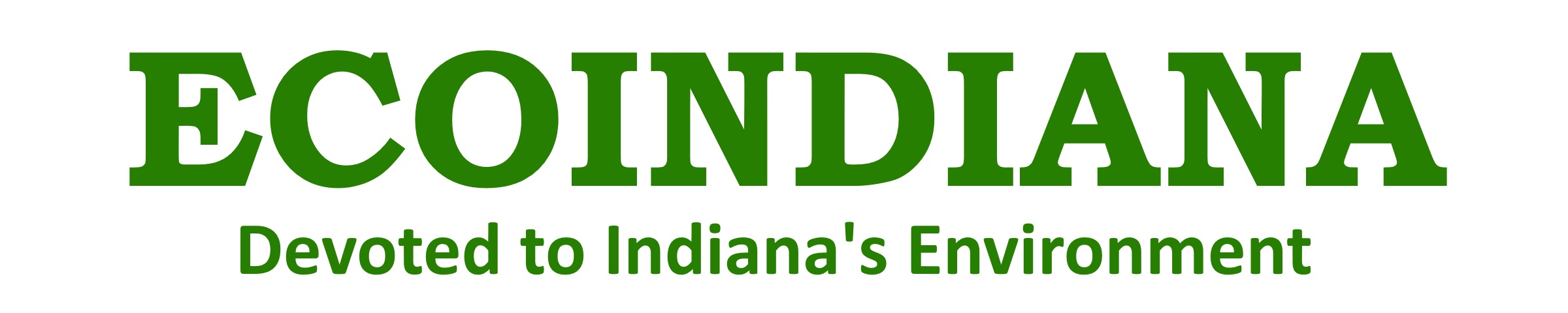 White rectangle containing the word EcoIndiana in large, green, all capital letters, and below that in smaller green letters the phrase Devoted to Indiana's Environment.