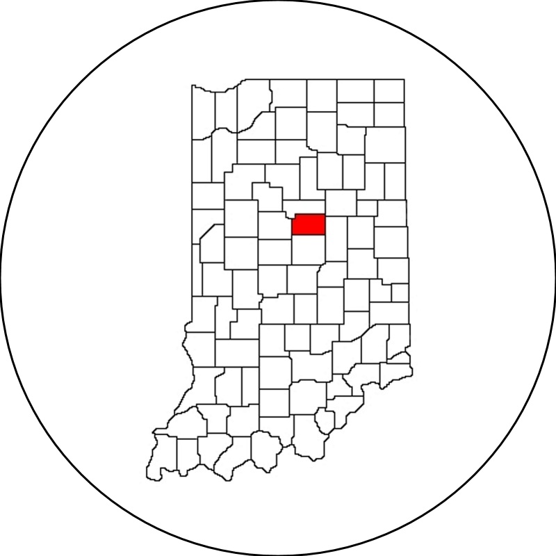 an outline map of Indiana counties with Tipton County highlighted in red